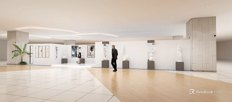 Spacious Art Gallery Interior Featuring White Walls Artworks Tile And Wooden Floor People Walking 3d model 
