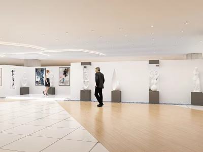 Spacious Art Gallery Interior Featuring White Walls Artworks Tile And Wooden Floor People Walking 3d model