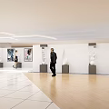 Spacious Art Gallery Interior Featuring White Walls Artworks Tile And Wooden Floor People Walking