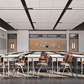 School Classroom Interior Design With Tables Chairs Whiteboard Windows And Lighting 3d model
