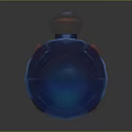 Intricate Sculpture Design With Bottle Shaped Structure Blue Transparent Sections Wooden Panel Red Decorative Blocks And Metal Sphere