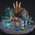 Fantasy Circular Platform With Blue Glowing Particles Water Waves Wooden Bridge Treasure Chest And Decorative Top
