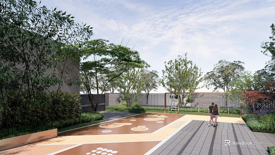 Fire Rescue Access Area With Circular Markings Paved Surface And Trees Around Building 3d model 