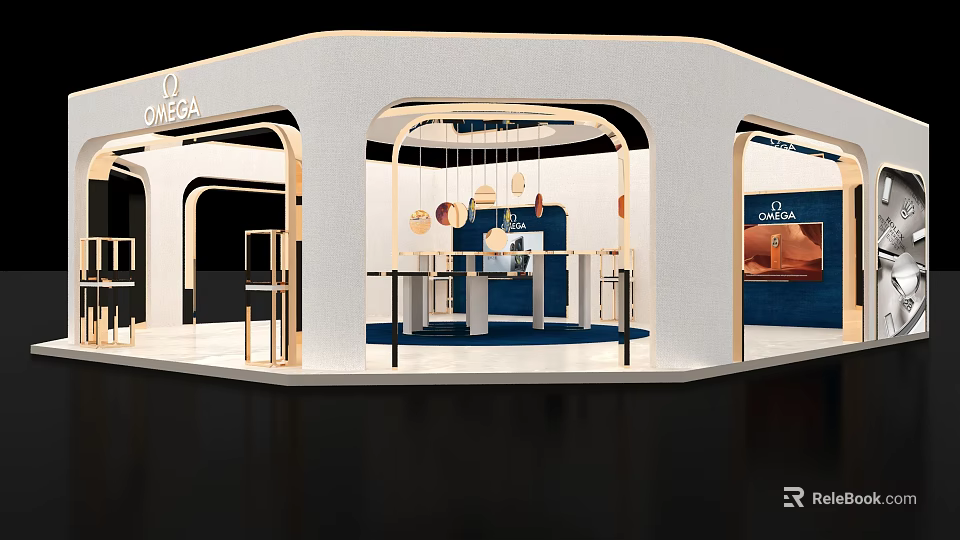 Omega Exhibition Booth Modern Design Photo Check in Spot with Hanging Lights Decor 3d model 