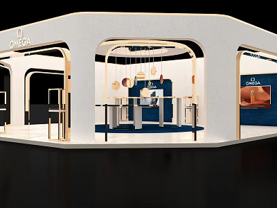 Omega Exhibition Booth Modern Design Photo Check in Spot with Hanging Lights Decor 3d model