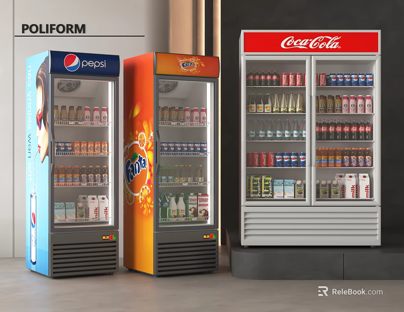 Upright Commercial Beverage Refrigerated Display Cabinets With Pepsi Fanta Coca Cola Drinks 3d model 