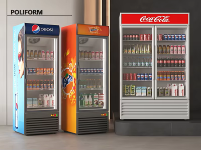 Upright Commercial Beverage Refrigerated Display Cabinets With Pepsi Fanta Coca Cola Drinks 3d model