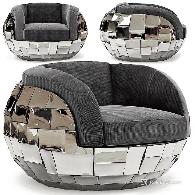 Elegant Modern Single Sofa With Gray Fabric Cushion And Silver Metal Patchwork Armrest Design 3d model 