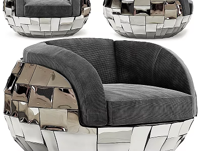 Elegant Modern Single Sofa With Gray Fabric Cushion And Silver Metal Patchwork Armrest Design 3d model