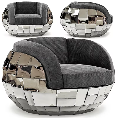 Elegant Modern Single Sofa With Gray Fabric Cushion And Silver Metal Patchwork Armrest Design 3d model