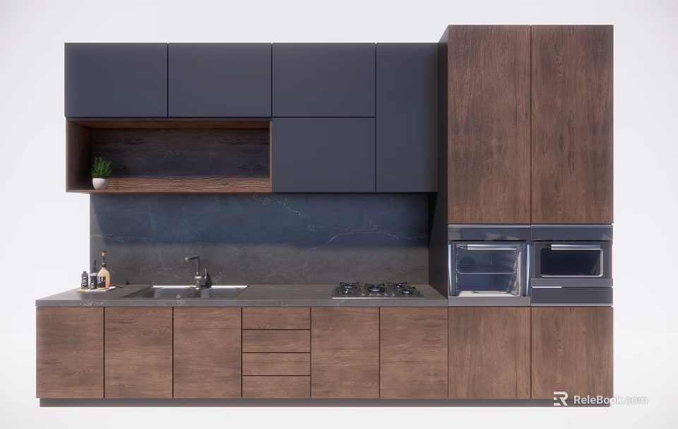 Modern Kitchen With Dark And Wooden Cabinets Countertop Sink Stove And Microwave 3d model 