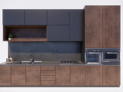 Modern Kitchen With Dark And Wooden Cabinets Countertop Sink Stove And Microwave 3d model
