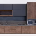 Modern Kitchen With Dark And Wooden Cabinets Countertop Sink Stove And Microwave