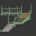 Curved Staircase Design With Green Railings Wooden Steps And Decorative Posts