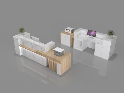 Modern Reception Desk With Marble Top Wooden Accents Computer Printer And Potted Plants 3d model