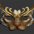 Ornate Decorative Mask With Golden Horns And Intricate Red Accent Design