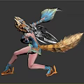 Game Movie Character With Golden Hair Turquoise Outfit And Fox Tail In Dynamic Pose