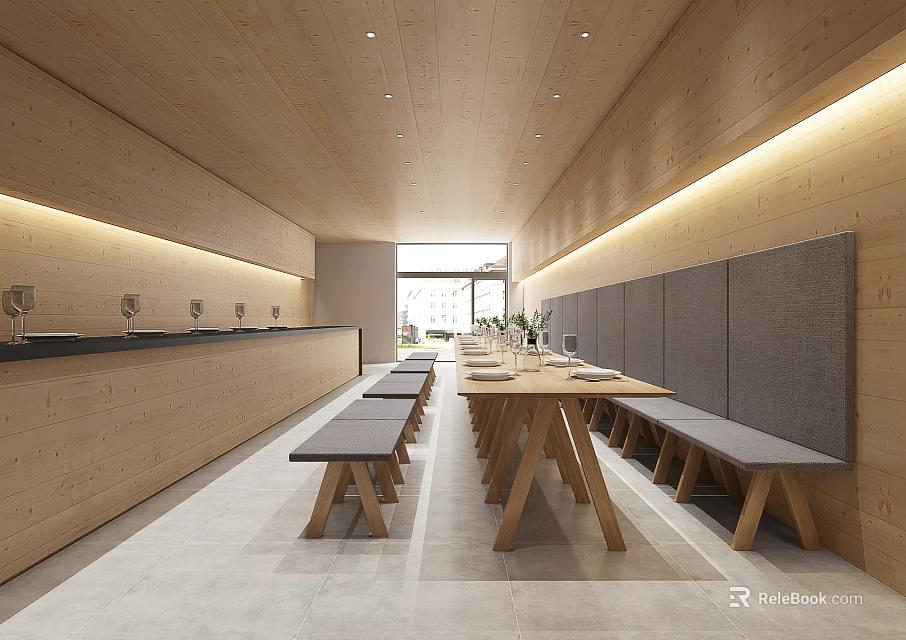 Modern Restaurant Interior With Wooden Walls Long Dining Table Bench Seats And Strip Lighting 3d model 