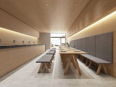 Modern Restaurant Interior With Wooden Walls Long Dining Table Bench Seats And Strip Lighting 3d model