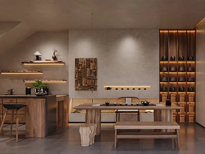 Modern Teahouse Interior With Wooden Counter Decorative Art Tea Jars And Green Plants 3d model
