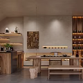 Modern Teahouse Interior With Wooden Counter Decorative Art Tea Jars And Green Plants