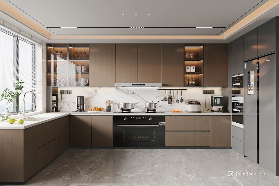 Elegant Modern Kitchen Interior With Brown Cabinets Marble Countertop And Appliances 3d model 