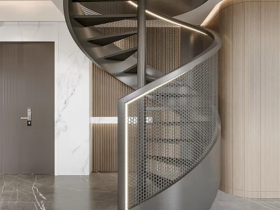 Modern Spiral Staircase With Metal Mesh Railing LED Lighting Wooden Wall And Marble Floor 3d model