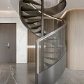 Modern Spiral Staircase With Metal Mesh Railing LED Lighting Wooden Wall And Marble Floor