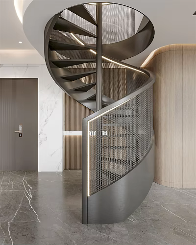 Modern Spiral Staircase With Metal Mesh Railing LED Lighting Wooden Wall And Marble Floor 3d model