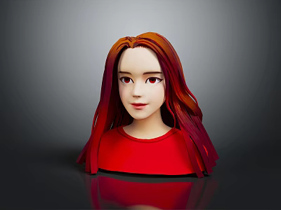 3D Character Model With Long Red Orange Gradient Hair And Red Top 3d model