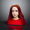 3D Character Model With Long Red Orange Gradient Hair And Red Top