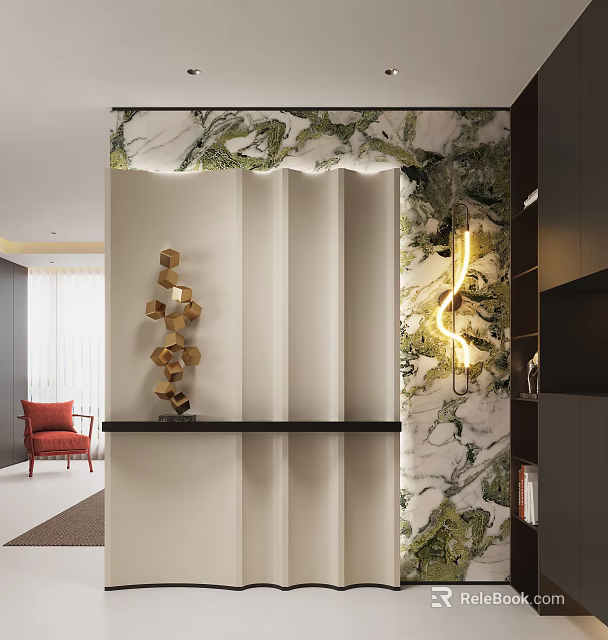 Entryway Hallway With Marble Accent Wall Gold Geometric Sculpture And Black Console Table 3d model 