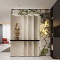 Entryway Hallway With Marble Accent Wall Gold Geometric Sculpture And Black Console Table