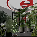 Indoor Space With Various Green Plants Red Decorative Elements And Circular Ceiling Design 3d model