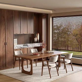 Solid Wood Dining Table Dining Chair Solid Wood Wine Cabinet Dining Table Ornaments for Kitchen and Home Kitchen Lily Window Carpet Vase 3d model