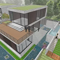 Modern Detached Villa With Green Roof Large Glass Walls Wooden Terrace Water Features And Greenery
