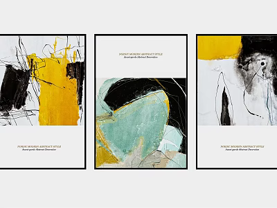 Modern Abstract Paintings With Yellow Black Teal Brushstrokes And Minimalist Design 3d model
