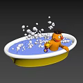Cheerful Orange Cartoon Character Holding Yellow Rubber Duck With Bubbles