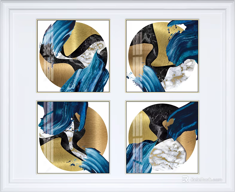 Four Panel Circular Abstract Paintings With Blue Gold Black White Flowing Wave Like Patterns 3d model