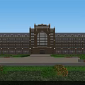 Symmetrical Red Brick School Building With Arched Entrance Tower Surrounding Lawn And Flower Beds
