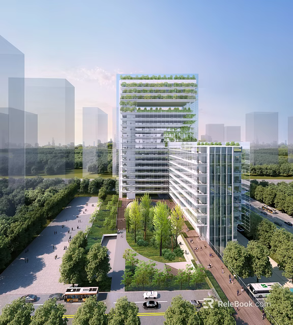 Modern Sustainable Office Building With Vertical Greenery Glass Facade And Surrounding Trees 3d model 