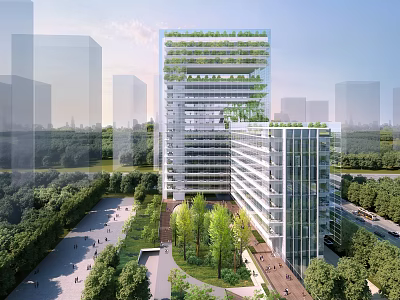 Modern Sustainable Office Building With Vertical Greenery Glass Facade And Surrounding Trees 3d model