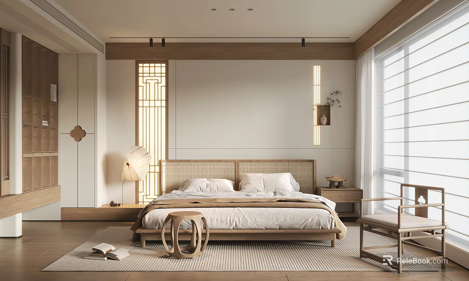 Modern Bedroom Interior With Wooden Bed Frame Soft Lighting And Large Window 3d model 