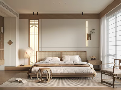 Modern Bedroom Interior With Wooden Bed Frame Soft Lighting And Large Window 3d model