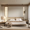 Modern Bedroom Interior With Wooden Bed Frame Soft Lighting And Large Window