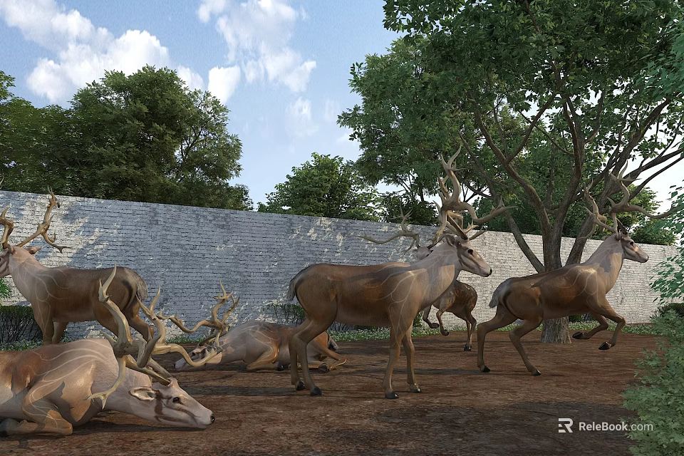 Herd of Deer Standing Lying Near Green Trees and Brick Wall Under Blue Sky 3d model 