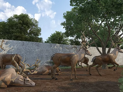 Herd of Deer Standing Lying Near Green Trees and Brick Wall Under Blue Sky 3d model