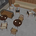 Modern Café Interior Design With Wooden Sofa Seats Round Tables And Warm Lighting