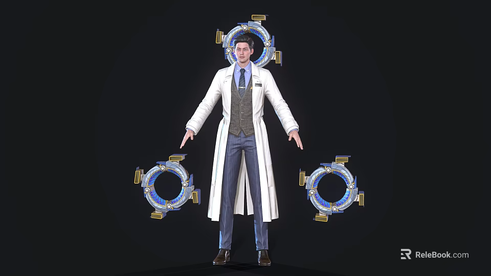 Man In White Long Coat Gray Vest Standing With Blue Circular Devices On Black Background 3d model 