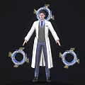 Man In White Long Coat Gray Vest Standing With Blue Circular Devices On Black Background
